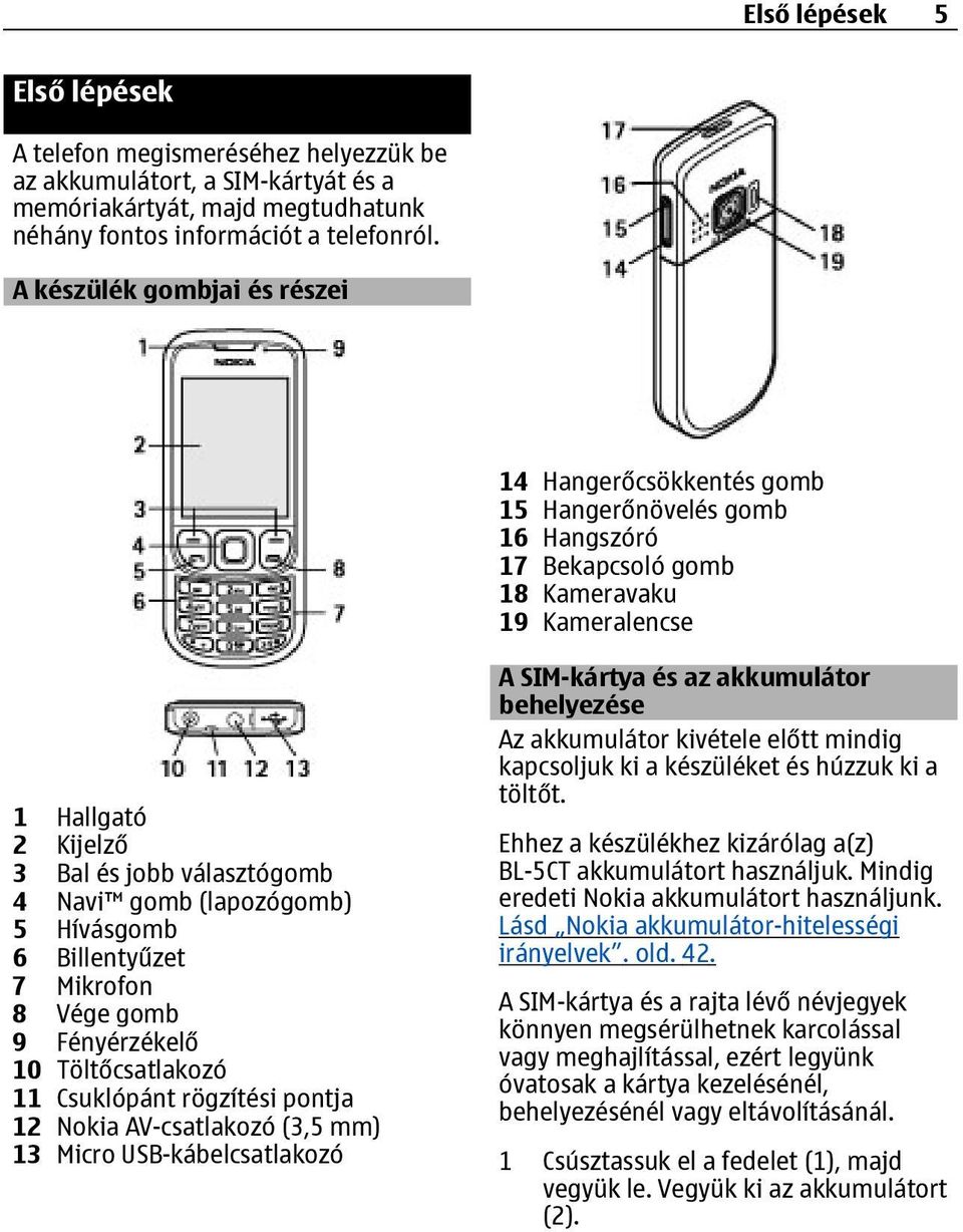 (lapozógomb) 5 Hívásgomb 6 Billentyűzet 7 Mikrofon 8 Vége gomb 9 Fényérzékelő 10 Töltőcsatlakozó 11 Csuklópánt rögzítési pontja 12 Nokia AV-csatlakozó (3,5 mm) 13 Micro USB-kábelcsatlakozó A