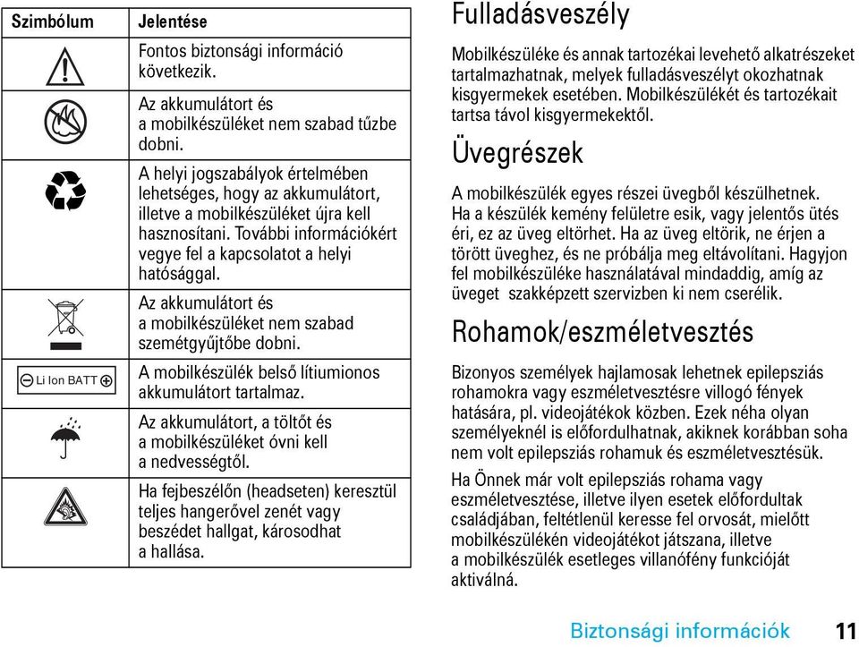 Az akkumulátort és a mobilkészüléket nem szabad szemétgyűjtőbe dobni. A mobilkészülék belső lítiumionos akkumulátort tartalmaz. Az akkumulátort, a töltőt és a mobilkészüléket óvni kell a nedvességtől.