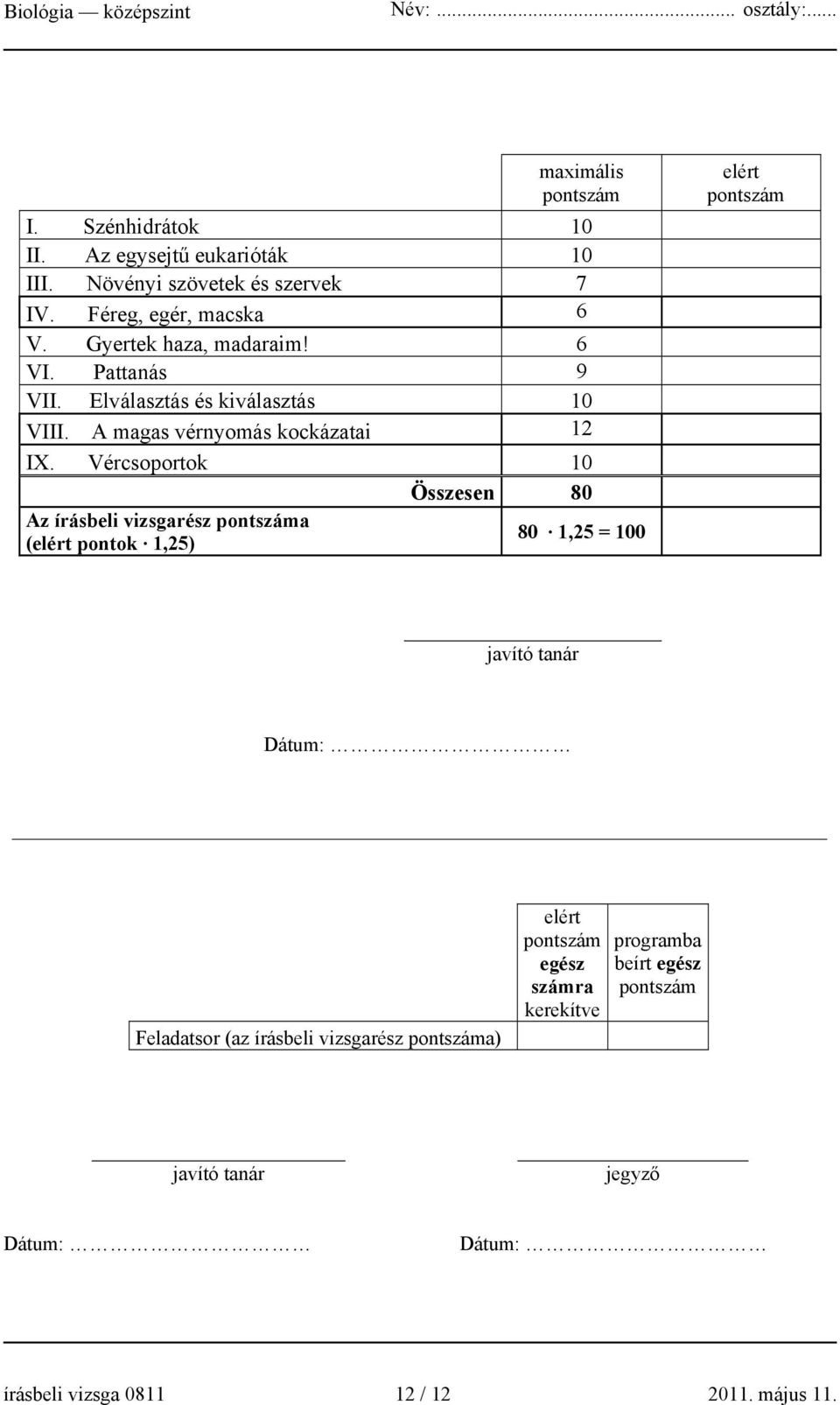 Vércsoportok 10 Összesen 80 Az írásbeli vizsgarész pontszáma (elért pontok 1,25) 80 1,25 = 100 elért pontszám javító tanár Dátum: Feladatsor