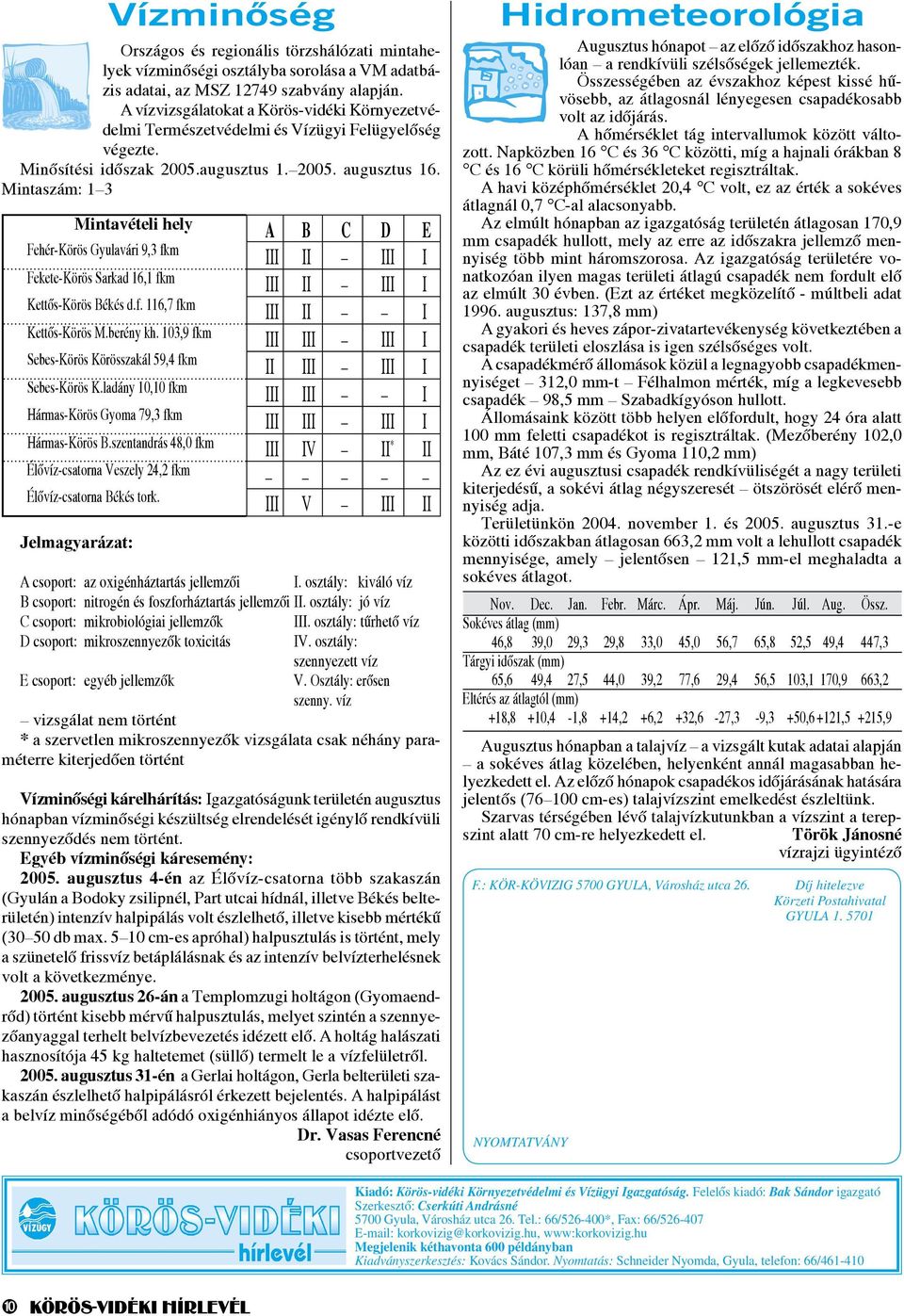 Mintaszám: 1 3 Mintavételi hely A B C D E Fehér-Körös Gyulavári 9,3 fkm III II III I Fekete-Körös Sarkad 16,1 fkm III II III I Kettős-Körös Békés d.f. 116,7 fkm III II I Kettős-Körös M.berény kh.