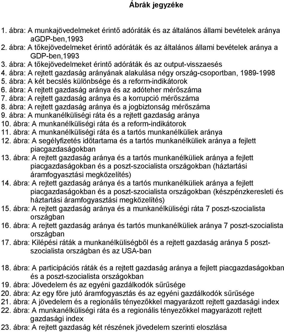 ábra: A rejtett gazdaság arányának alakulása négy ország-csoportban, 1989-1998 5. ábra: A két becslés különbsége és a reform-indikátorok 6. ábra: A rejtett gazdaság aránya és az adóteher mérőszáma 7.