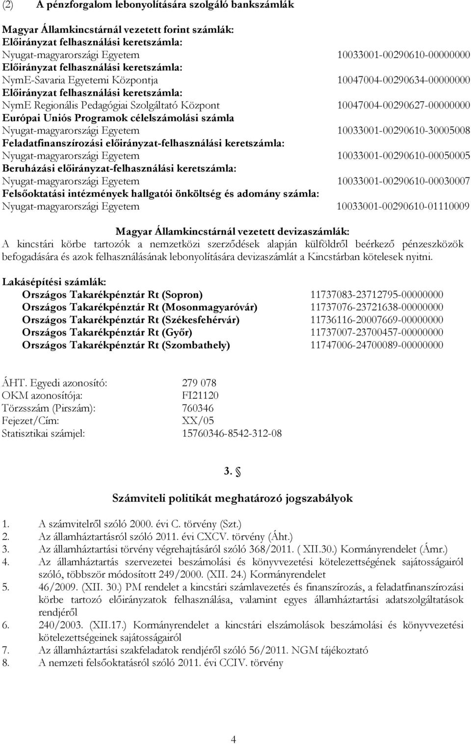 10047004-00290627-00000000 Európai Uniós Programok célelszámolási számla Nyugat-magyarországi Egyetem 10033001-00290610-30005008 Feladatfinanszírozási előirányzat-felhasználási keretszámla: