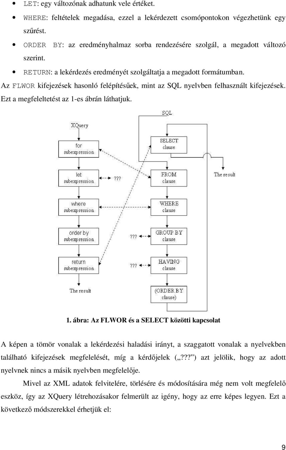 Az FLWOR kifejezések hasonló felépítésőek, mint az SQL nyelvben felhasznált kifejezések. Ezt a megfeleltetést az 1-