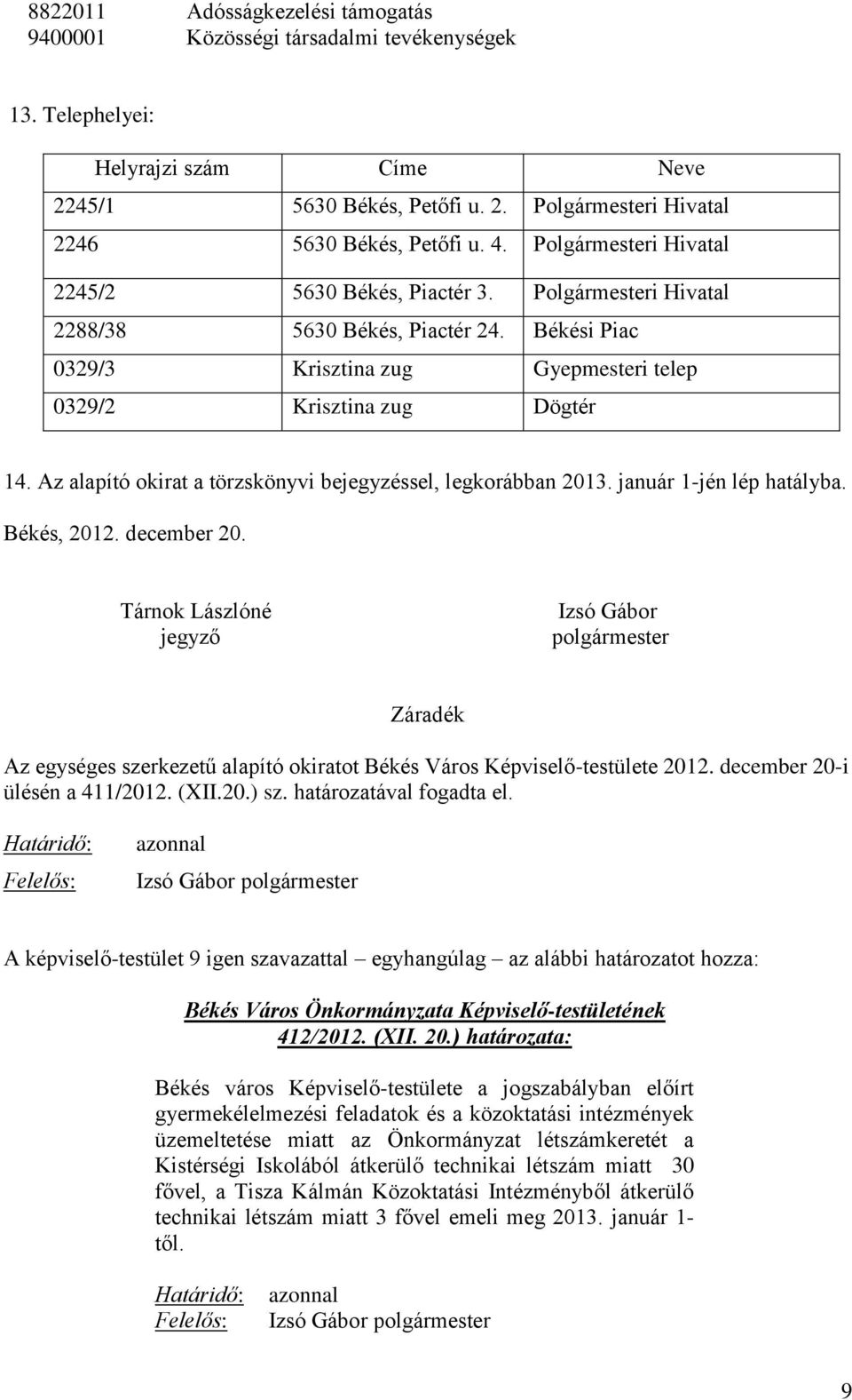 Az alapító okirat a törzskönyvi bejegyzéssel, legkorábban 2013. január 1-jén lép hatályba. Békés, 2012. december 20.