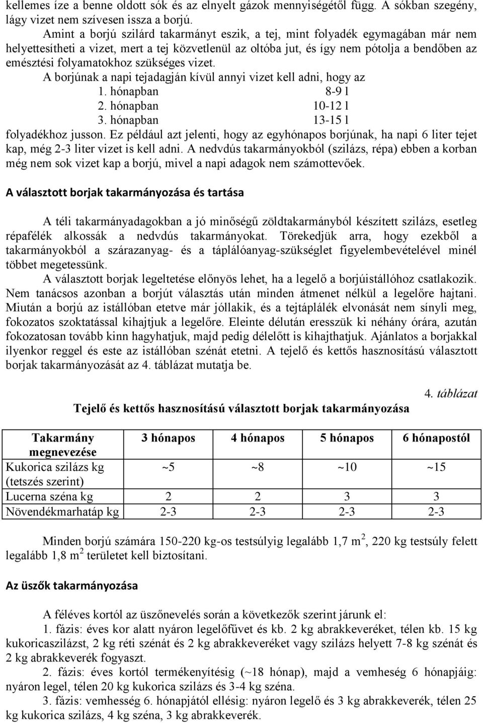 szükséges vizet. A borjúnak a napi tejadagján kívül annyi vizet kell adni, hogy az 1. hónapban 8-9 l 2. hónapban 10-12 l 3. hónapban 13-15 l folyadékhoz jusson.