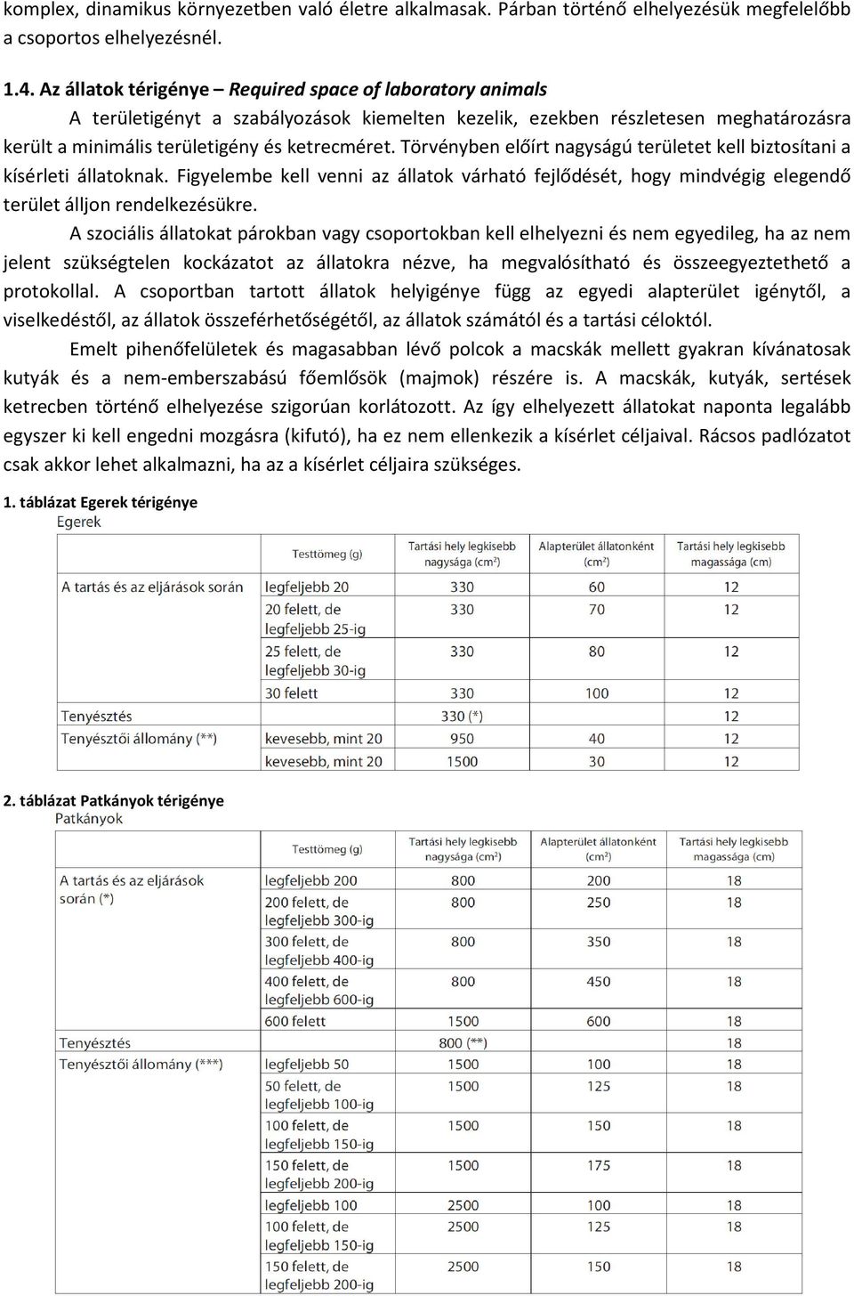 Törvényben előírt nagyságú területet kell biztosítani a kísérleti állatoknak. Figyelembe kell venni az állatok várható fejlődését, hogy mindvégig elegendő terület álljon rendelkezésükre.