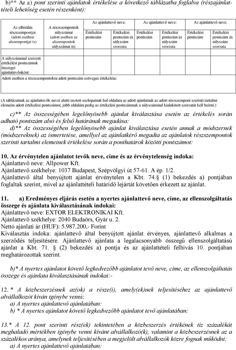 Értékelési pontszám Értékelési pontszám és súlyszám szorzata Értékelési pontszám Értékelési pontszám és súlyszám szorzata A súlyszámmal szorzott értékelési pontszámok összegei ajánlattevőnként: Adott