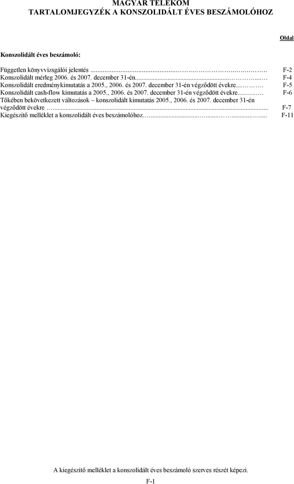 ... F-5 Konszolidált cash-flow kimutatás a 2005., 2006. és 2007. december 31-én végződött évekre...... F-6 Tőkében bekövetkezett változások konszolidált kimutatás 2005.
