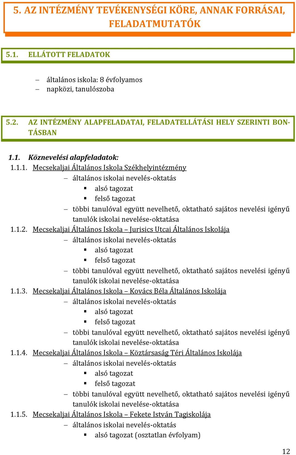 1. Köznevelési alapfeladatok: 1.1.1. Mecsekaljai Általános Iskola Székhelyintézmény általános iskolai nevelés-oktatás alsó tagozat felső tagozat többi tanulóval együtt nevelhető, oktatható sajátos