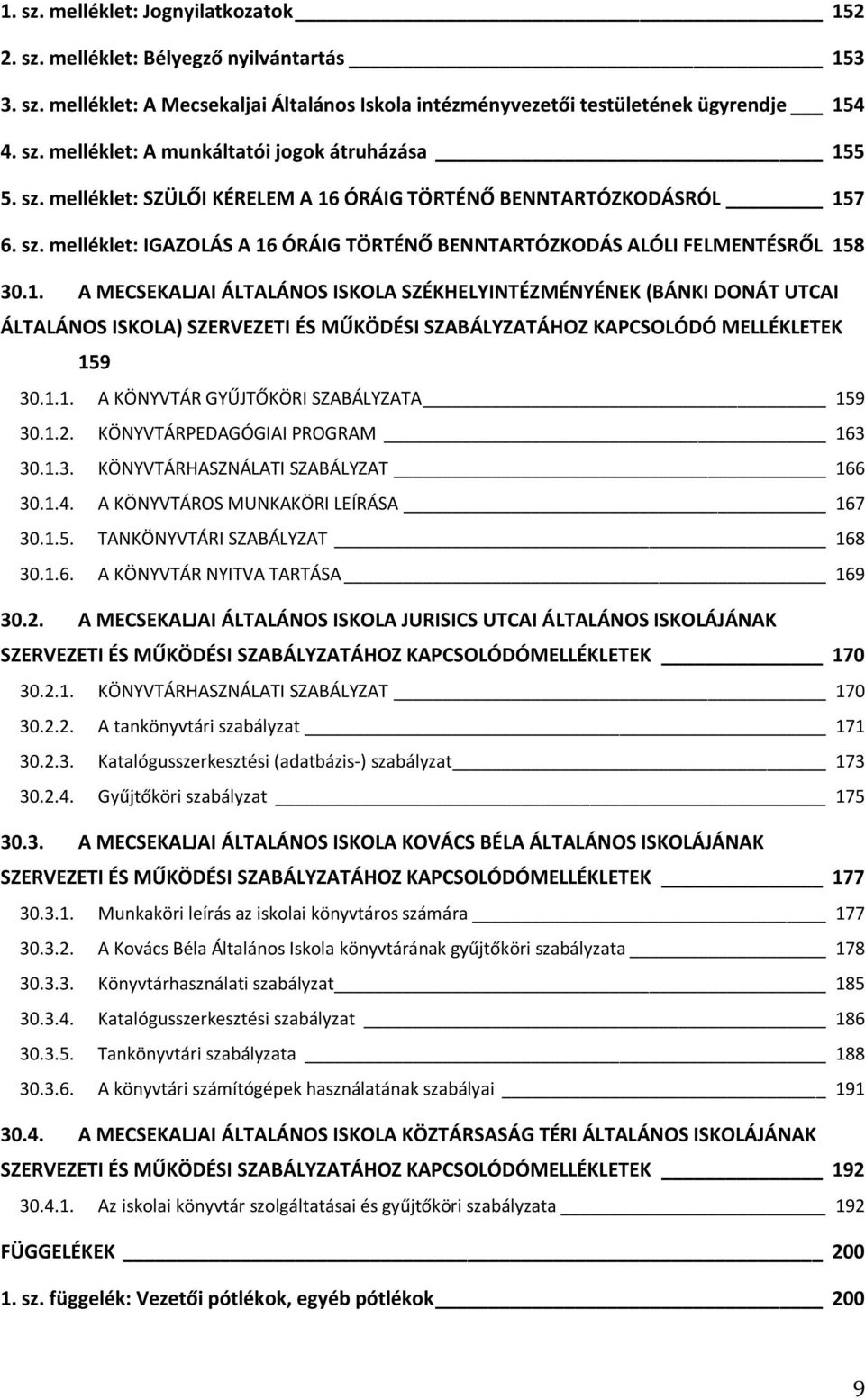 1.1. A KÖNYVTÁR GYŰJTŐKÖRI SZABÁLYZATA 159 30.1.2. KÖNYVTÁRPEDAGÓGIAI PROGRAM 163 30.1.3. KÖNYVTÁRHASZNÁLATI SZABÁLYZAT 166 30.1.4. A KÖNYVTÁROS MUNKAKÖRI LEÍRÁSA 167 30.1.5. TANKÖNYVTÁRI SZABÁLYZAT 168 30.