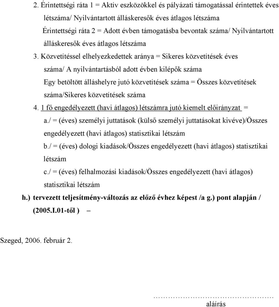 Közvetítéssel elhelyezkedettek aránya = Sikeres közvetítések éves száma/ A nyilvántartásból adott évben kilépők száma Egy betöltött álláshelyre jutó közvetítések száma = Összes közvetítések