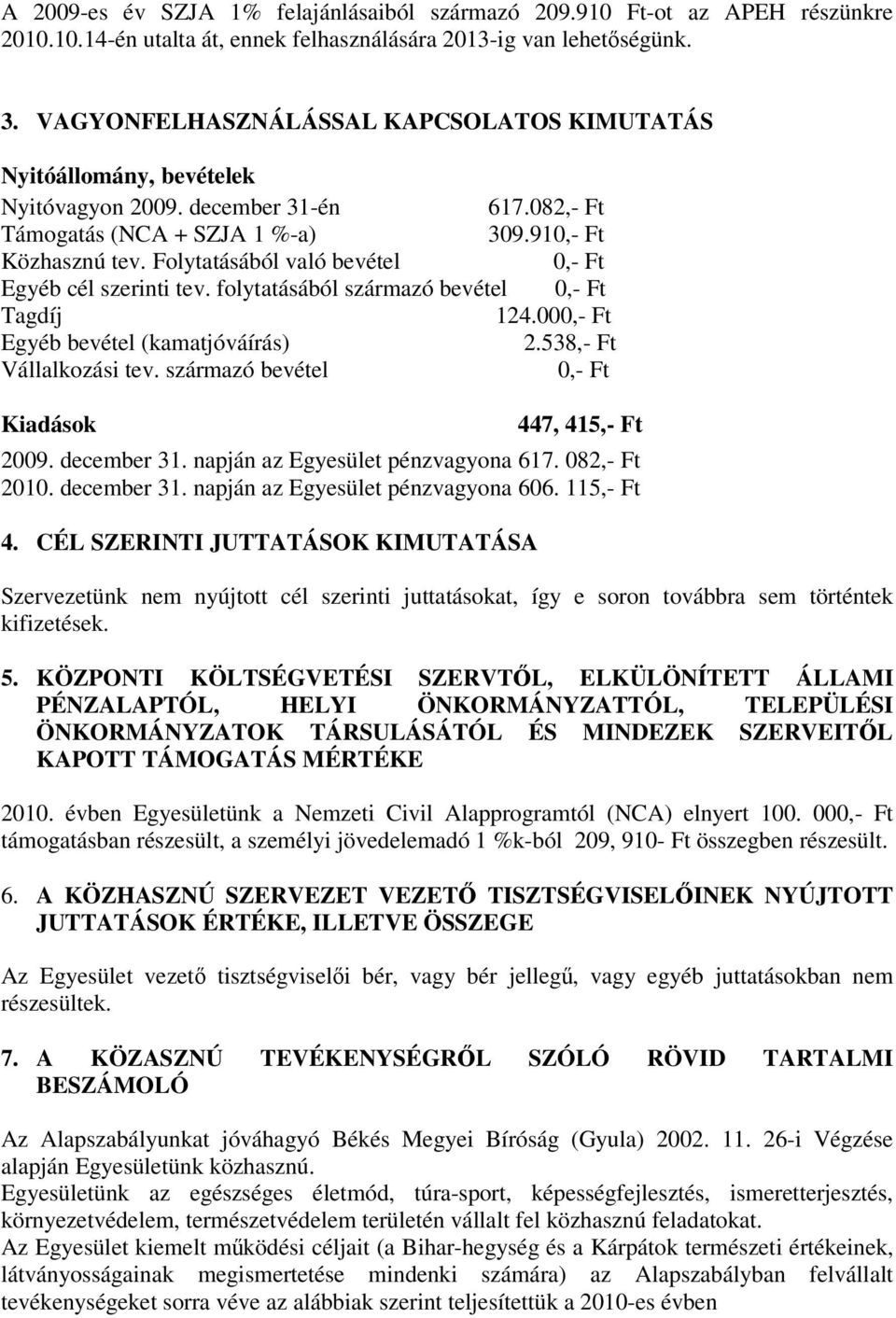 Folytatásából való bevétel 0,- Ft Egyéb cél szerinti tev. folytatásából származó bevétel 0,- Ft Tagdíj 124.000,- Ft Egyéb bevétel (kamatjóváírás) 2.538,- Ft Vállalkozási tev.