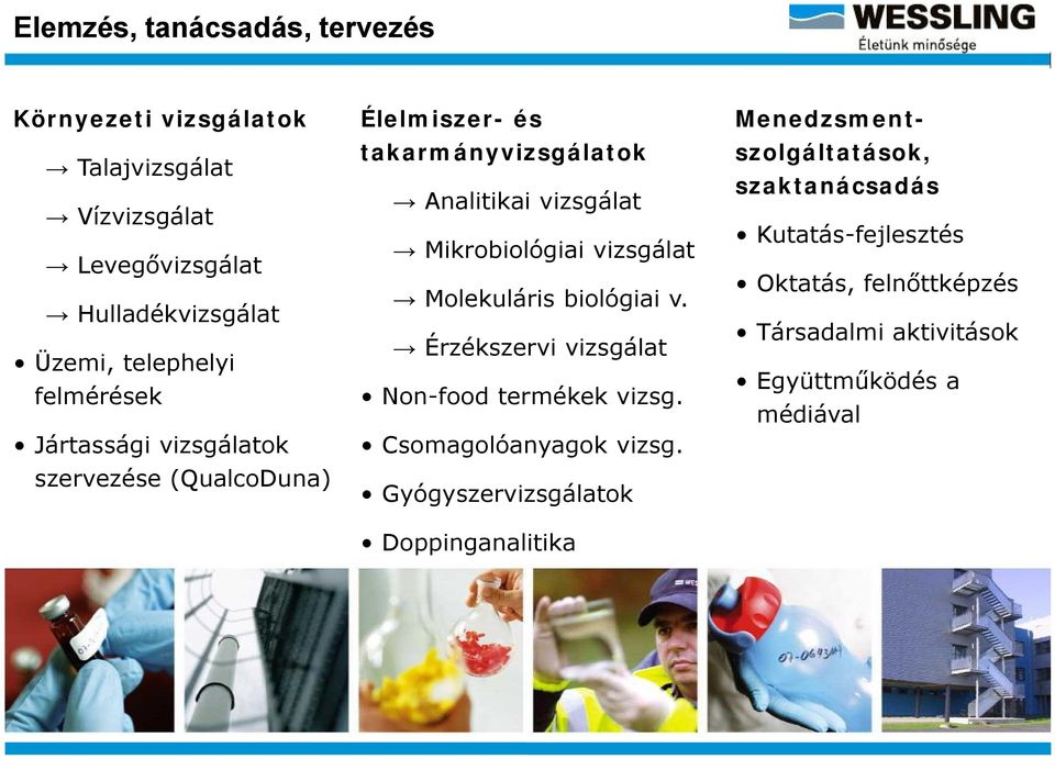 vizsgálat Molekuláris biológiai v. Érzékszervi vizsgálat Non-food termékek vizsg. Csomagolóanyagok vizsg.