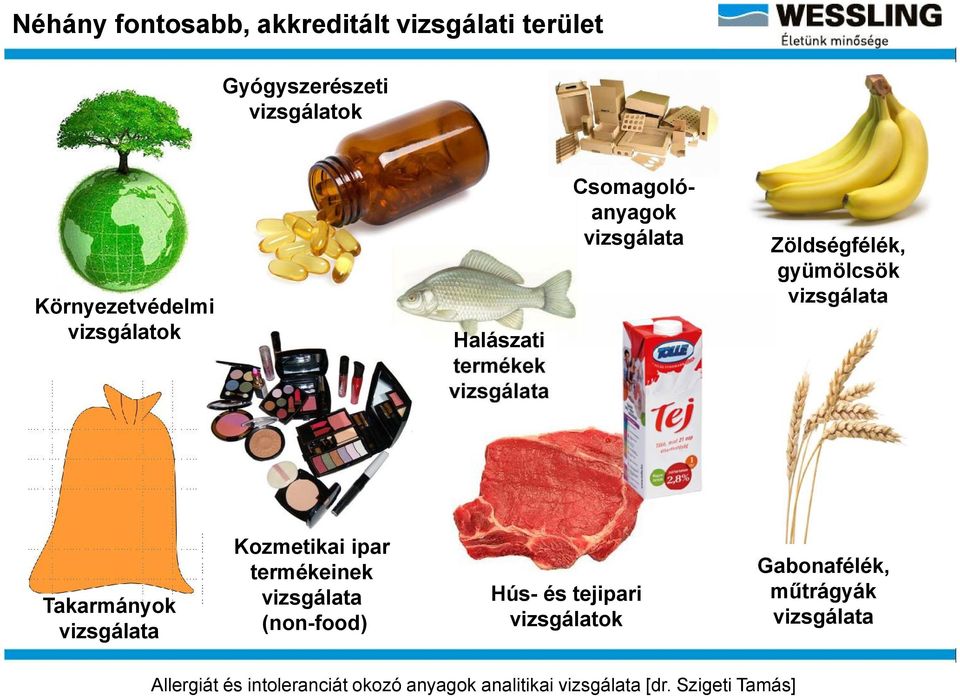 Zöldségfélék, gyümölcsök vizsgálata Halászati termékek vizsgálata Kozmetikai ipar