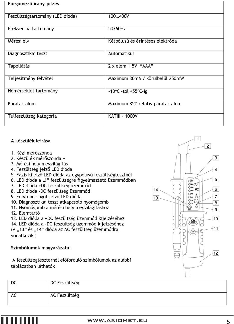 Kézi mérőszonda 2. Készülék mérőszonda + 3. Mérési hely megvilágítás 4. Feszültség jelző LED dióda 5. Fázis kijelző LED dióda az egypólusú feszültségtesztnél 6. LED dióda a! feszültségre figyelmeztető üzemmódban 7.