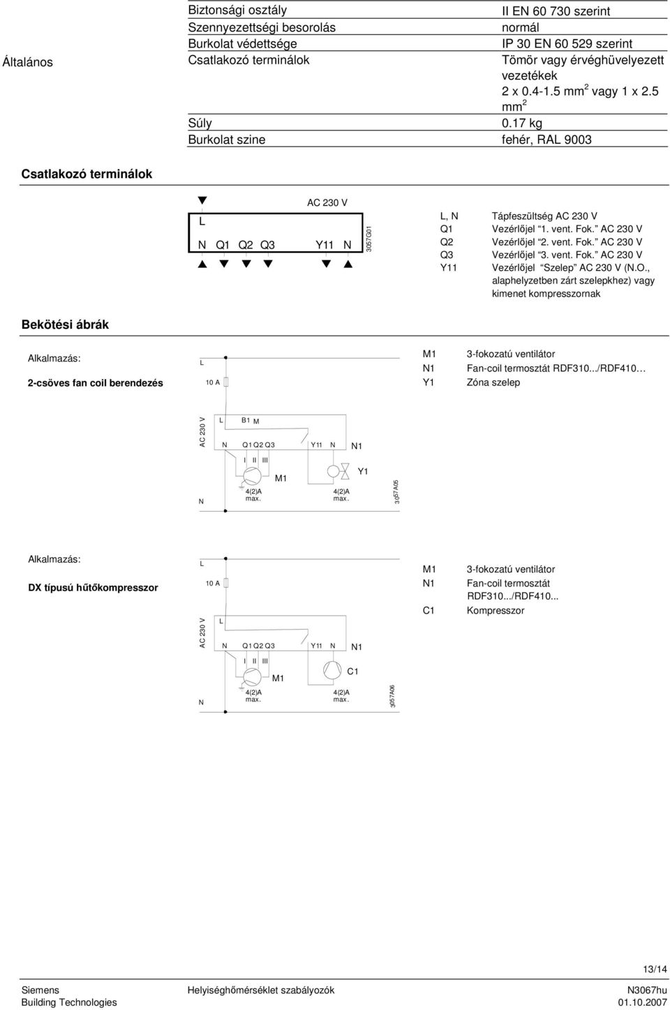 AC 230 V Q2 Vezérlőjel 2. vent. Fok. AC 230 V Q3 Vezérlőjel 3. vent. Fok. AC 230 V Y11 Vezérlőjel Szelep AC 230 V (N.O.