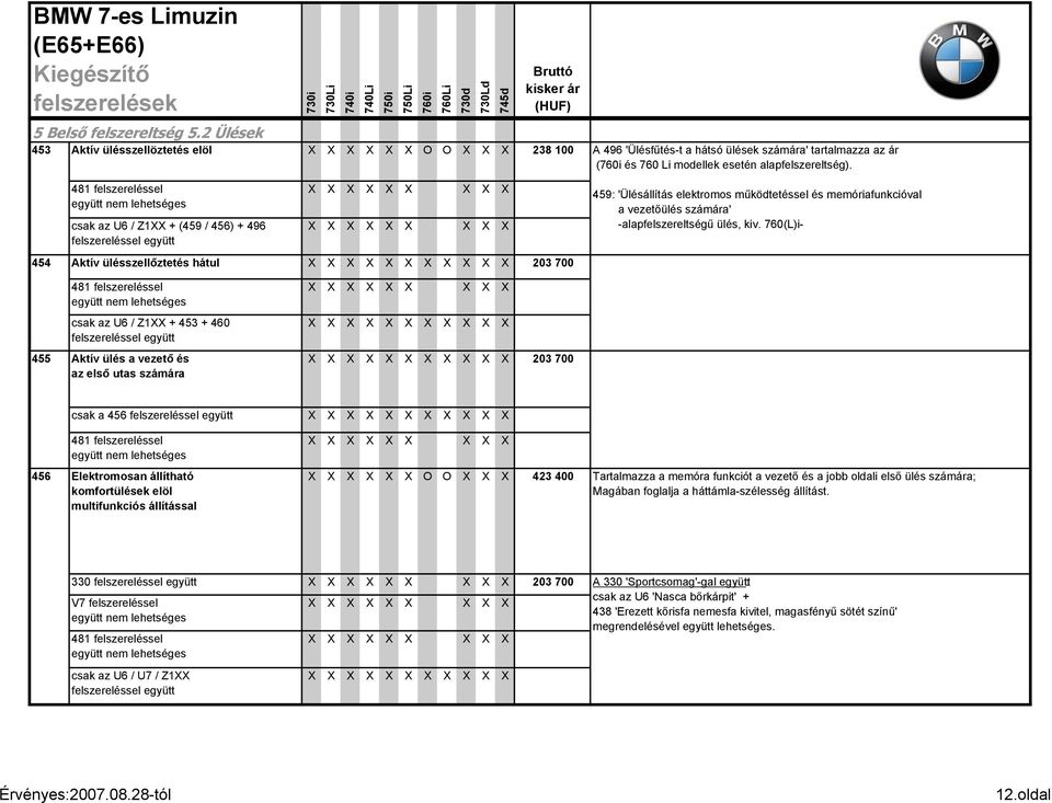 ülések számára' tartalmazza az ár ( és 760 Li modellek esetén alapfelszereltség). 459: 'Ülésállítás elektromos működtetéssel és memóriafunkcióval a vezetőülés számára' -alapfelszereltségű ülés, kiv.