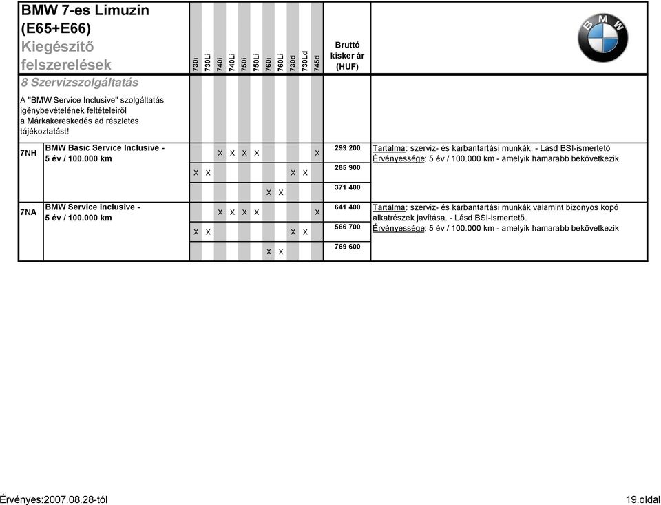 - Lásd BSI-ismertető Érvényessége: 5 év / 100.000 km - amelyik hamarabb bekövetkezik X X 371 400 7NA BMW Service Inclusive - 5 év / 100.