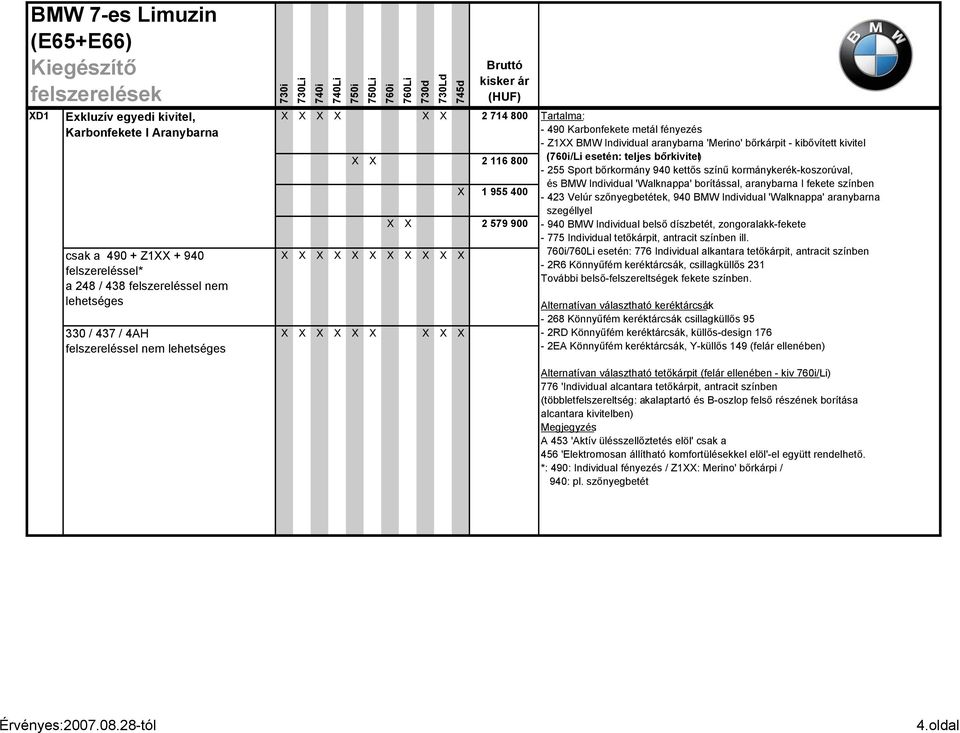 bőrkivitel) - 255 Sport bőrkormány 940 kettős színű kormánykerék-koszorúval, és BMW Individual 'Walknappa' borítással, aranybarna I fekete színben - 423 Velúr szőnyegbetétek, 940 BMW Individual