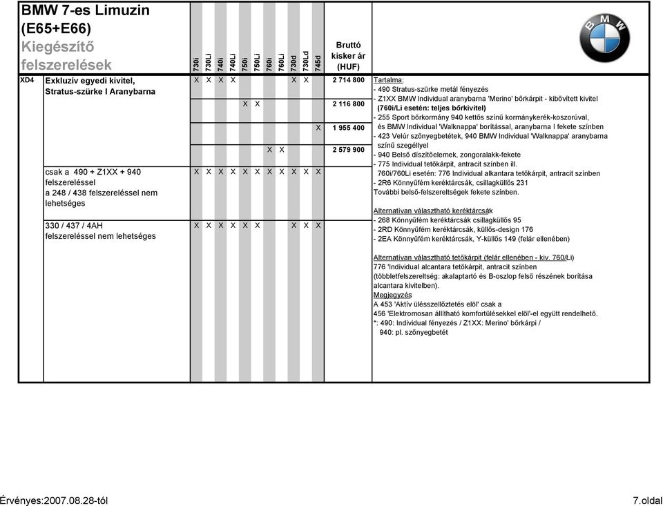 bőrkivitel) - 255 Sport bőrkormány 940 kettős színű kormánykerék-koszorúval, és BMW Individual 'Walknappa' borítással, aranybarna I fekete színben - 423 Velúr szőnyegbetétek, 940 BMW Individual