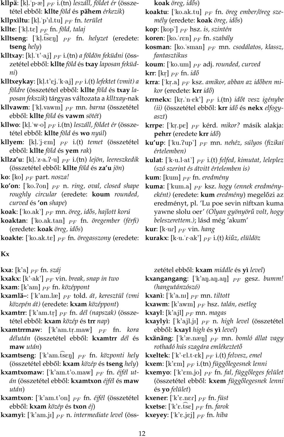 (t) lefektet (vmit) a földre (összetétel " ebből: kllte föld és txay laposan fekszik) tárgyas változata a klltxay-nak kllvawm: ["kl.vawm] P F mn.