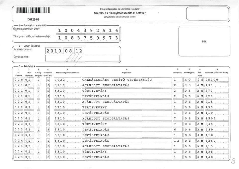 Költség- Számlatétel 5 Eszköz/szolgáltatás azonosító 7.