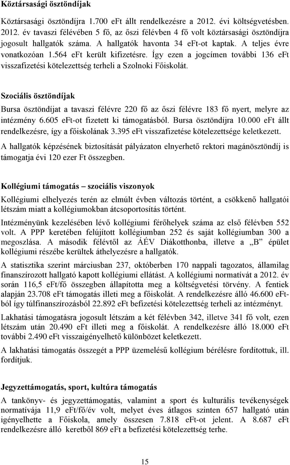 Szociális ösztöndíjak Bursa ösztöndíjat a tavaszi félévre 220 fő az őszi félévre 183 fő nyert, melyre az intézmény 6.605 eft-ot fizetett ki támogatásból. Bursa ösztöndíjra 10.