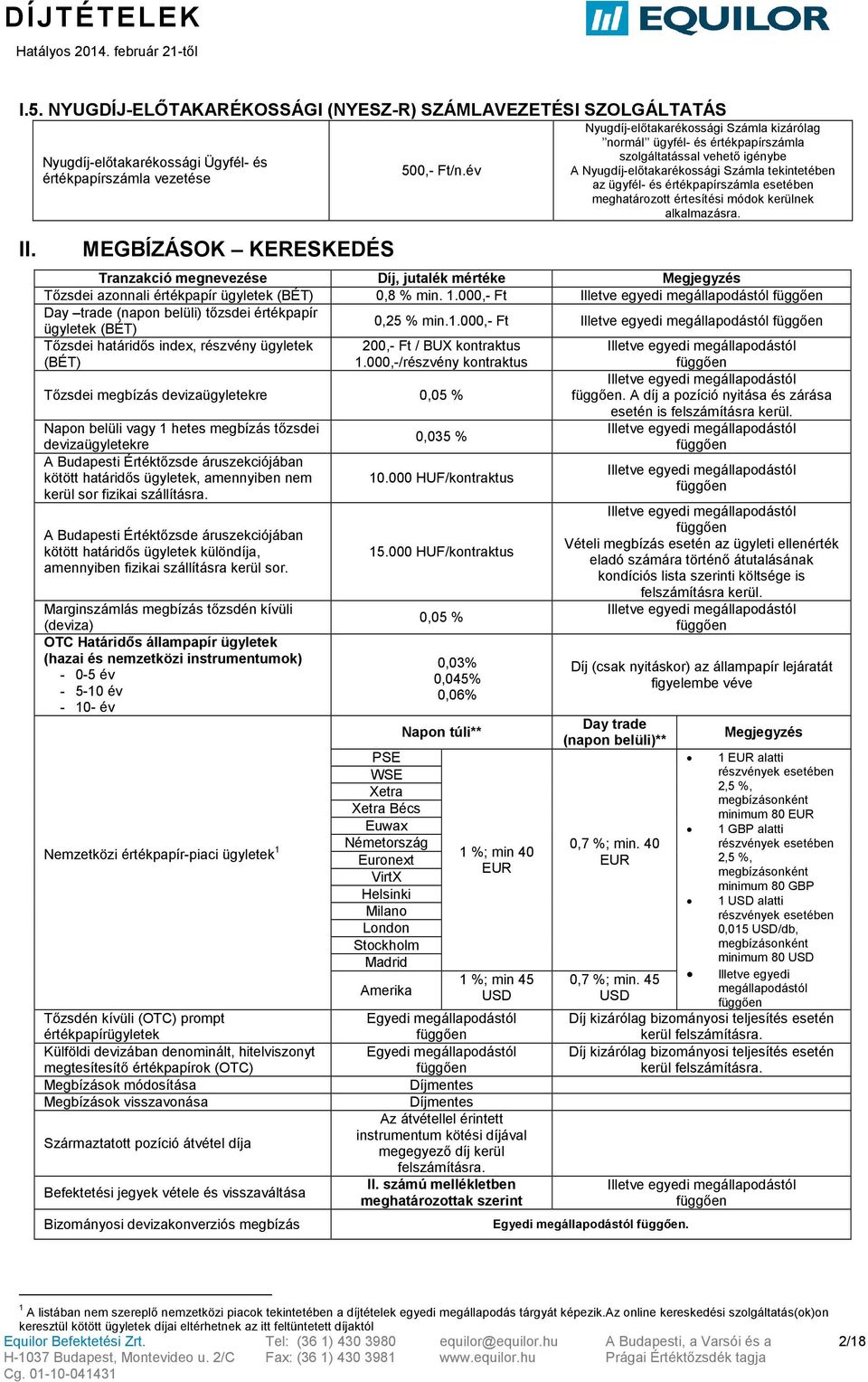 meghatározott értesítési módok kerülnek alkalmazásra. Tranzakció megnevezése Díj, mértéke Megjegyzés Tőzsdei azonnali értékpapír ügyletek (BÉT) 0,8 % min. 1.