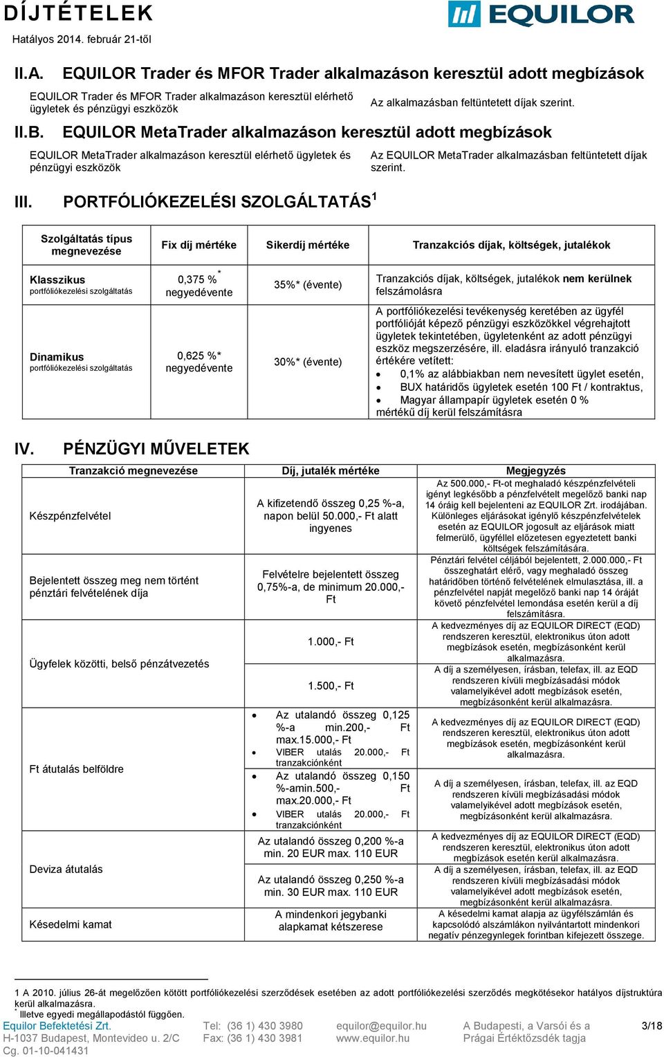 PORTFÓLIÓKEZELÉSI SZOLGÁLTATÁS 1 Az EQUILOR MetaTrader alkalmazásban feltüntetett díjak szerint.