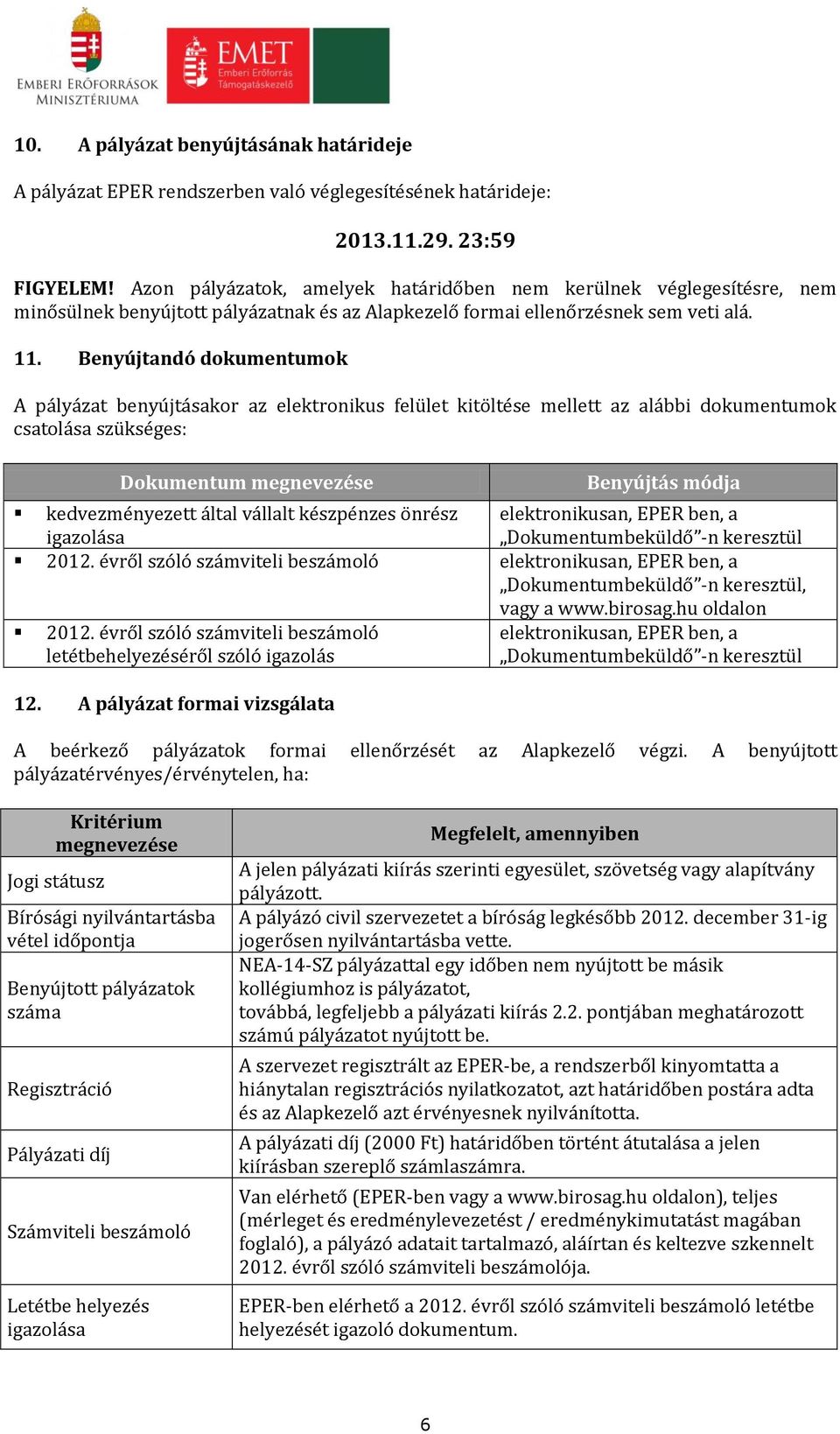 Benyújtandó dokumentumok A pályázat benyújtásakor az elektronikus felület kitöltése mellett az alábbi dokumentumok csatolása szükséges: Dokumentum megnevezése Benyújtás módja kedvezményezett által