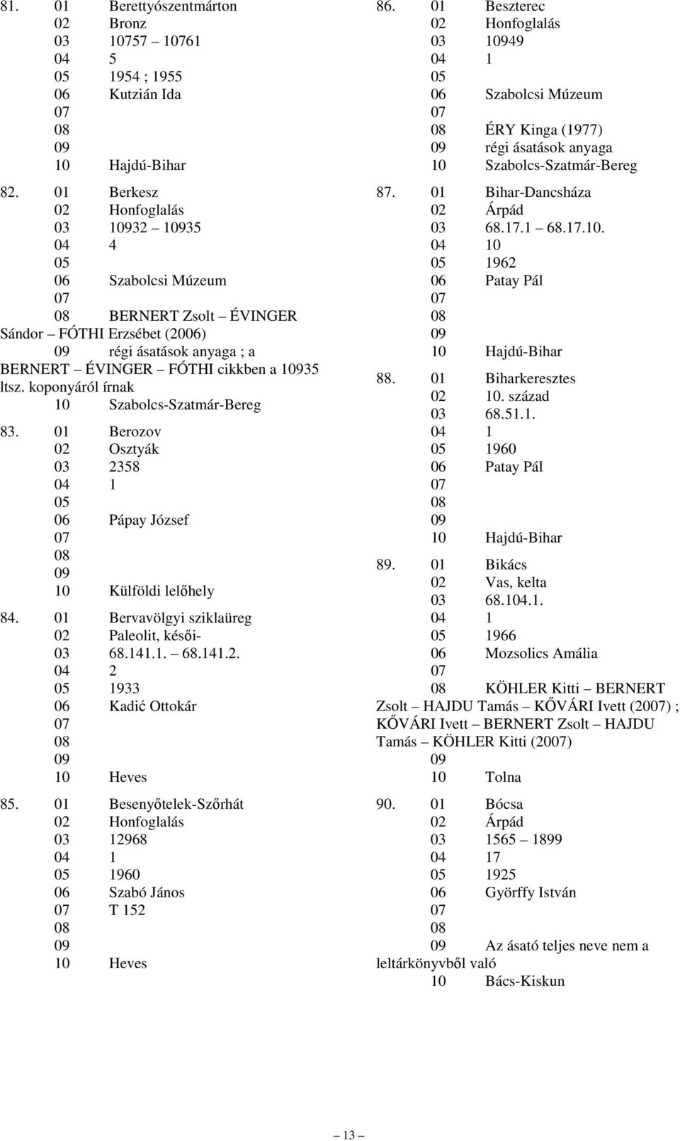 koponyáról írnak 10 Szabolcs-Szatmár-Bereg 83. 01 Berozov 02 Osztyák 03 2358 Pápay József 10 Külföldi lelıhely 84. 01 Bervavölgyi sziklaüreg 02 Paleolit, késıi- 03 68.141.1. 68.141.2. 1933 Kadić Ottokár 10 Heves 85.