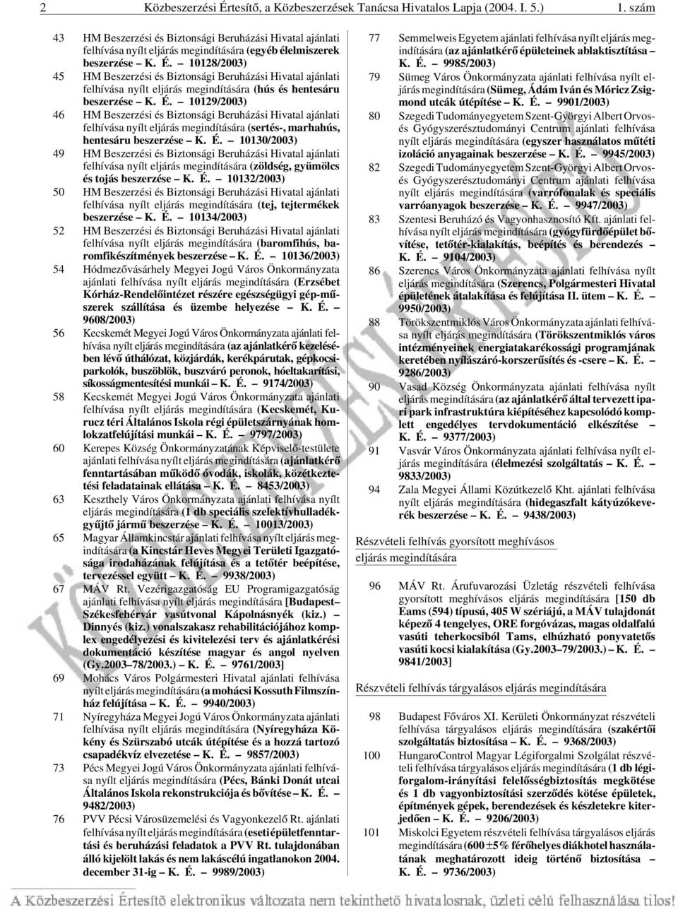 10128/2003) 45 HM Beszerzési és Biztonsági Beruházási Hivatal ajánlati felhívása nyílt eljárás megindítására (hús és hentesáru beszerzése K. É.