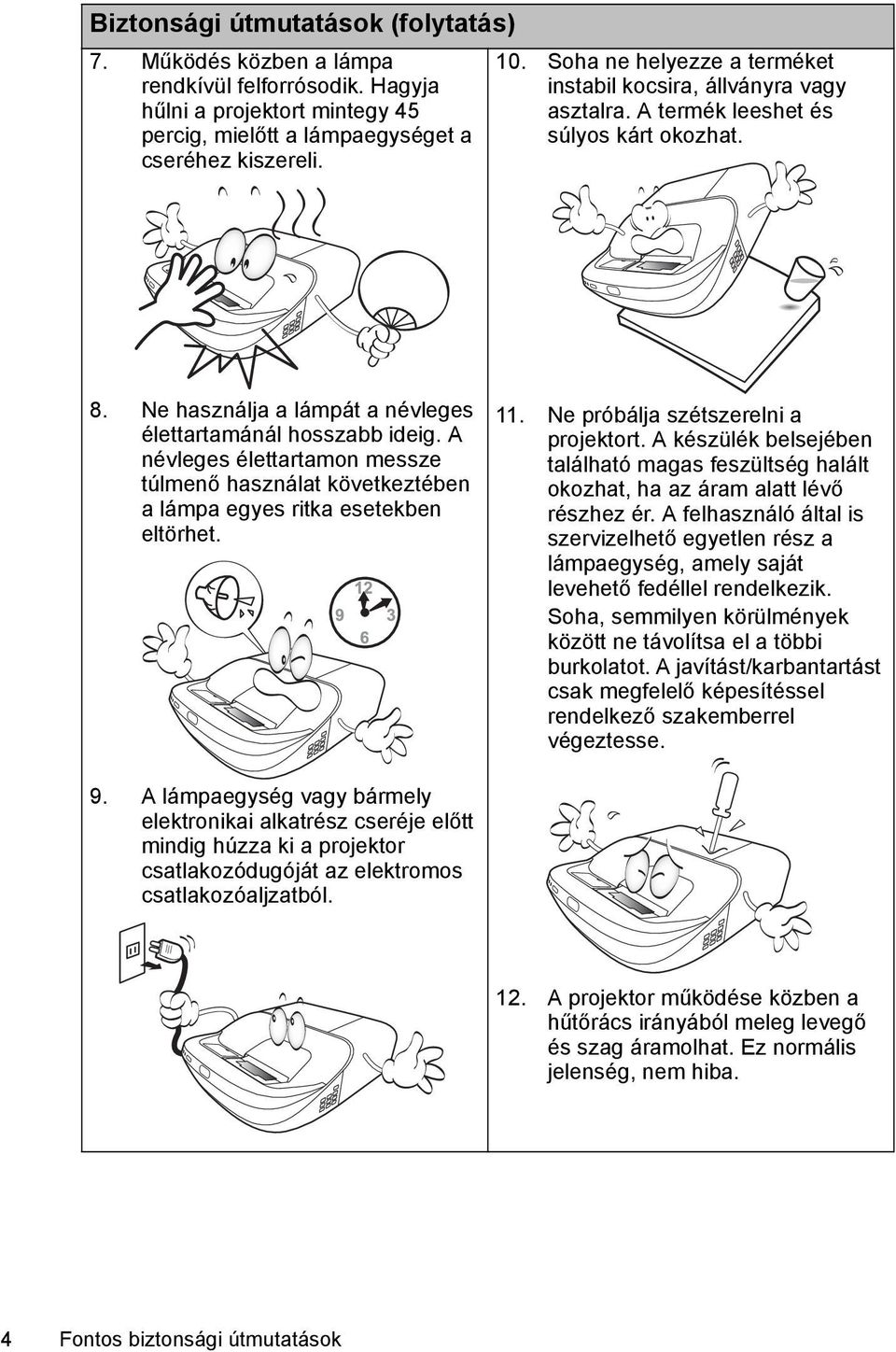 A névleges élettartamon messze túlmenő használat következtében a lámpa egyes ritka esetekben eltörhet. 11. Ne próbálja szétszerelni a projektort.