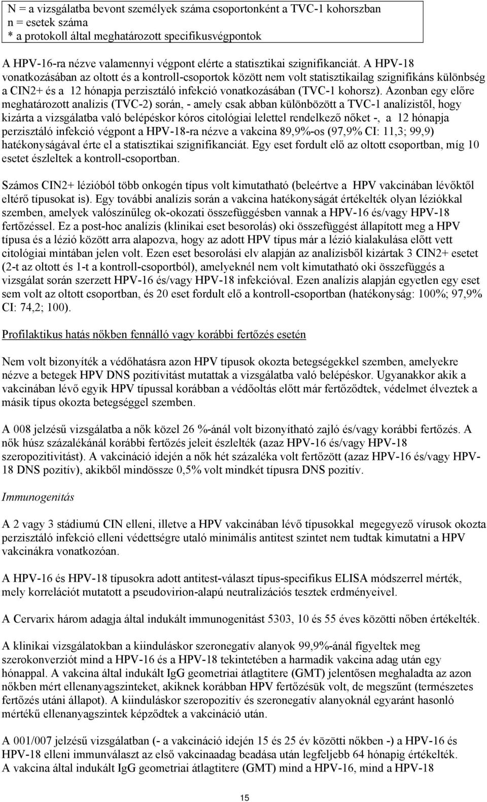 A HPV-18 vonatkozásában az oltott és a kontroll-csoportok között nem volt statisztikailag szignifikáns különbség a CIN2+ és a 12 hónapja perzisztáló infekció vonatkozásában (TVC-1 kohorsz).