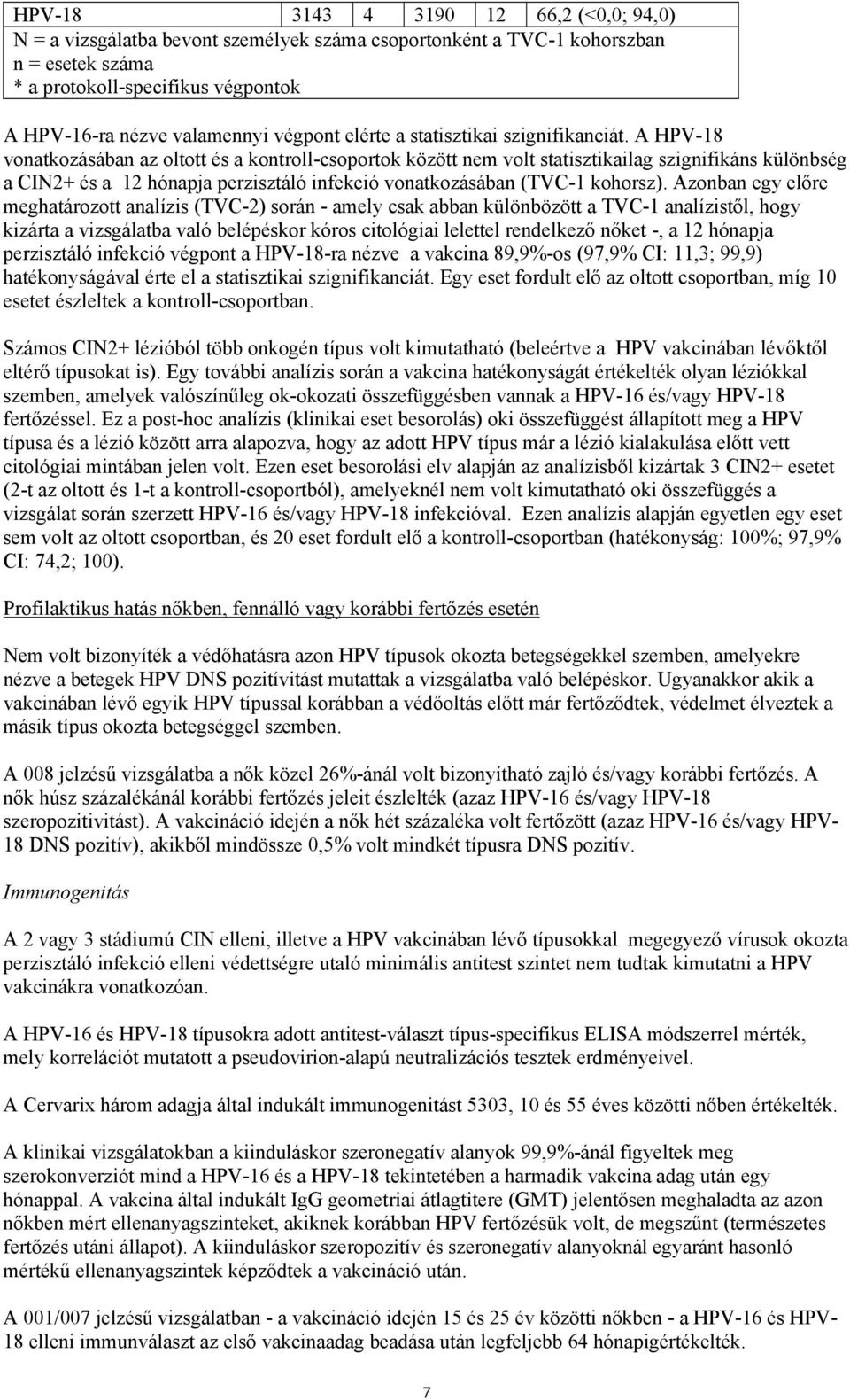 A HPV-18 vonatkozásában az oltott és a kontroll-csoportok között nem volt statisztikailag szignifikáns különbség a CIN2+ és a 12 hónapja perzisztáló infekció vonatkozásában (TVC-1 kohorsz).