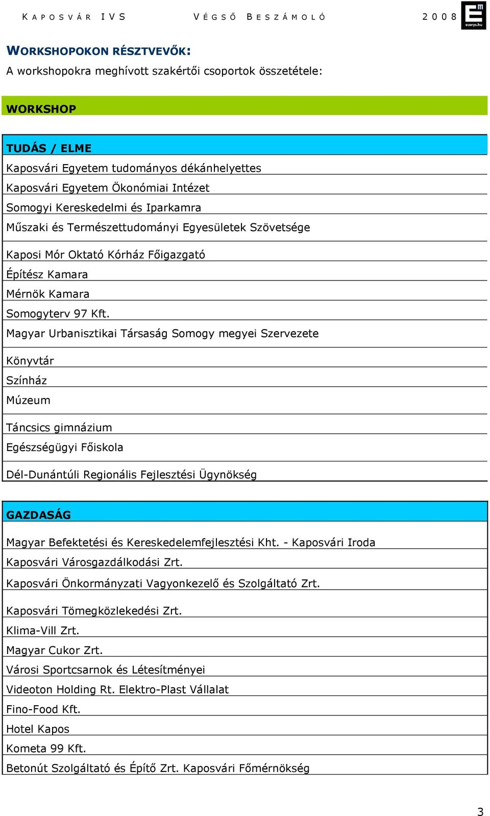 Magyar Urbanisztikai Társaság Somogy megyei Szervezete Könyvtár Színház Múzeum Táncsics gimnázium Egészségügyi Főiskola Dél-Dunántúli Regionális Fejlesztési Ügynökség GAZDASÁG Magyar Befektetési és