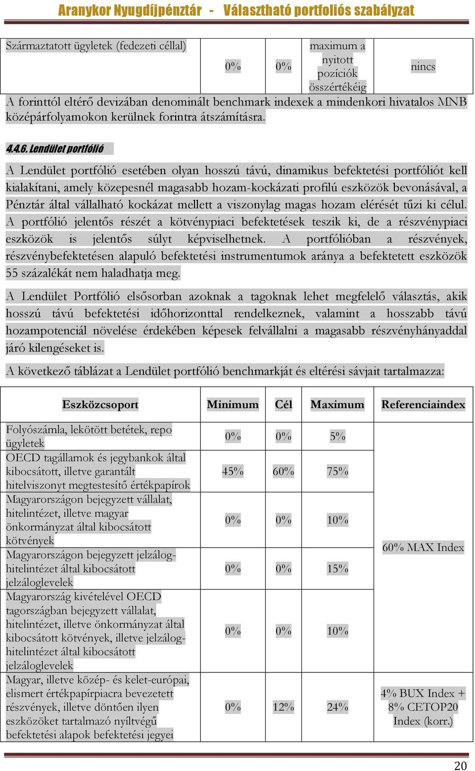 Lendület portfólió A Lendület portfólió esetében olyan hosszú távú, dinamikus befektetési portfóliót kell kialakítani, amely közepesnél magasabb hozam-kockázati profilú eszközök bevonásával, a