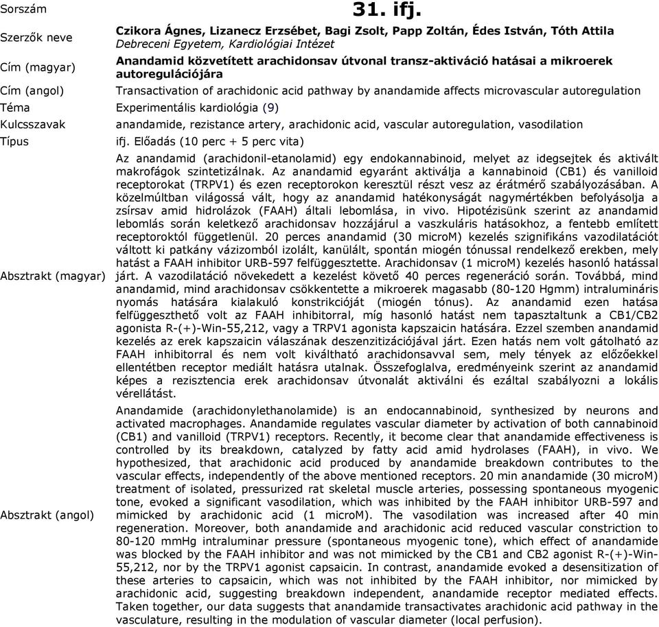 mikroerek autoregulációjára Transactivation of arachidonic acid pathway by anandamide affects microvascular autoregulation anandamide, rezistance artery, arachidonic acid, vascular autoregulation,