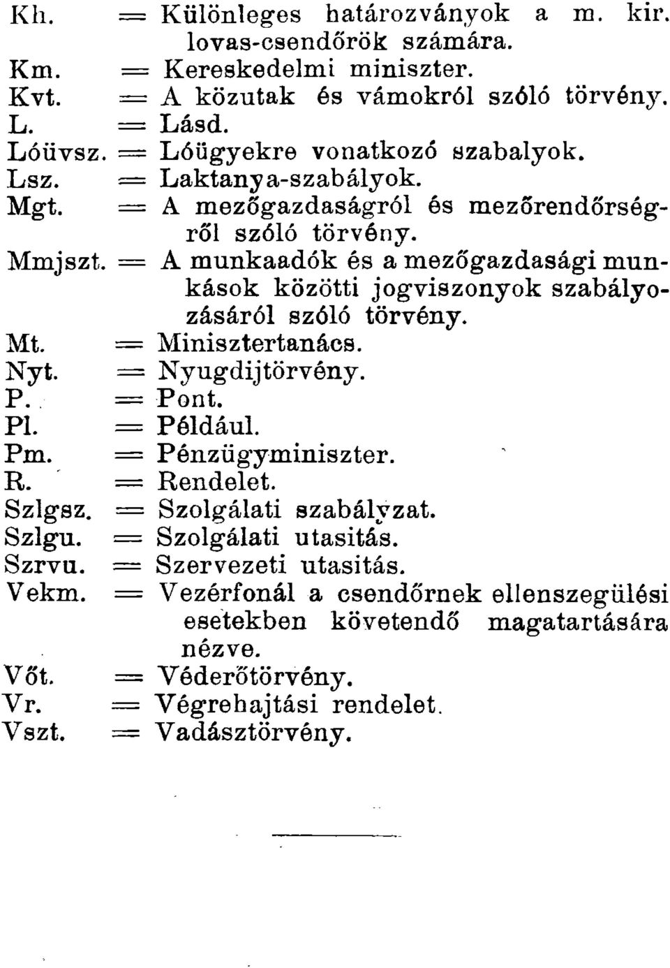 = A munkaadók és a mezőgazdasági munkások közötti jogviszonyok szabályozásáról szóló törvény. Mt. = Minisztertanács. Nyt. = Nyugdíjtörvény. P. = Pont. Pl. = Például. Pm. R.