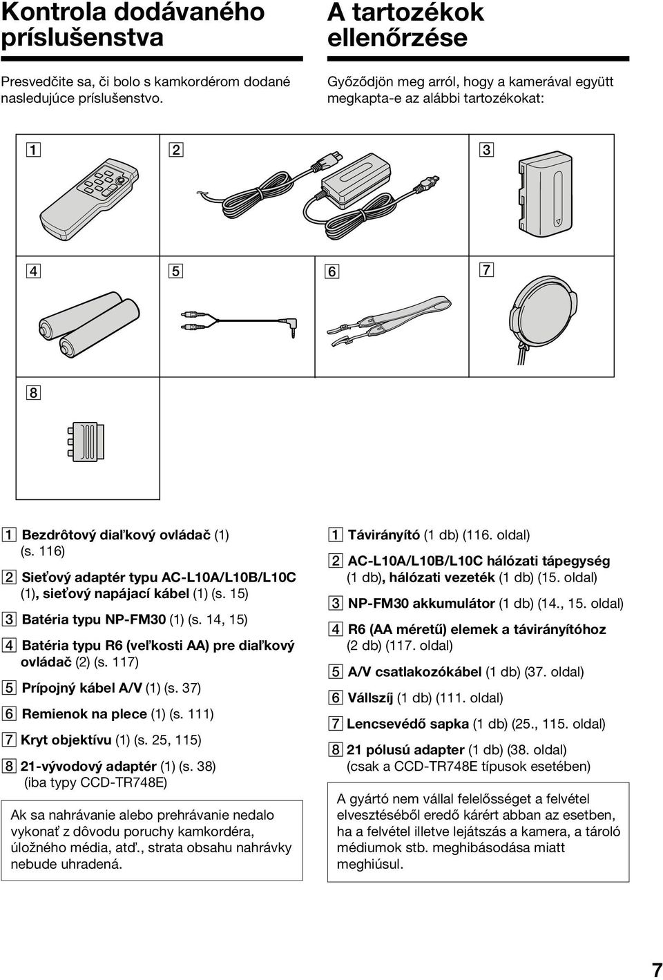 116) 2 Sie ový adaptér typu AC-L10A/L10B/L10C (1), sie ový napájací kábel (1) (s. 15) 3 Batéria typu NP-FM30 (1) (s. 14, 15) 4 Batéria typu R6 (ve kosti AA) pre dia kový ovládač (2) (s.