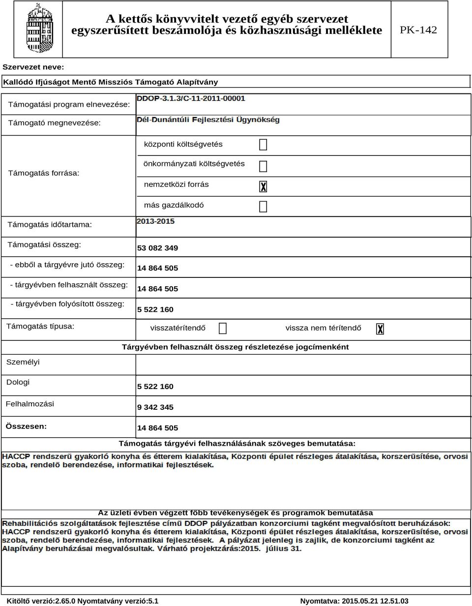 082 349 14 864 505 14 864 505 5 522 160 visszatérítendő vissza nem térítendő Tárgyévben felhasznált összeg részletezése jogcímenként Személyi Dologi