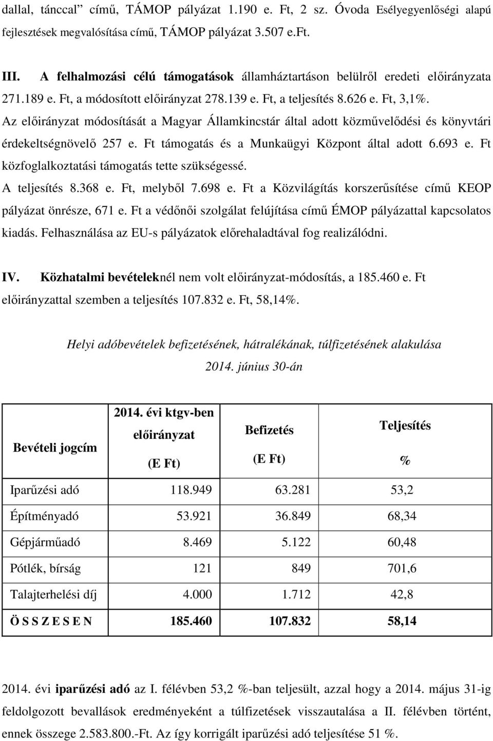 Az előirányzat módosítását a Magyar Államkincstár által adott közművelődési és könyvtári érdekeltségnövelő 257 e. Ft támogatás és a Munkaügyi Központ által adott 6.693 e.