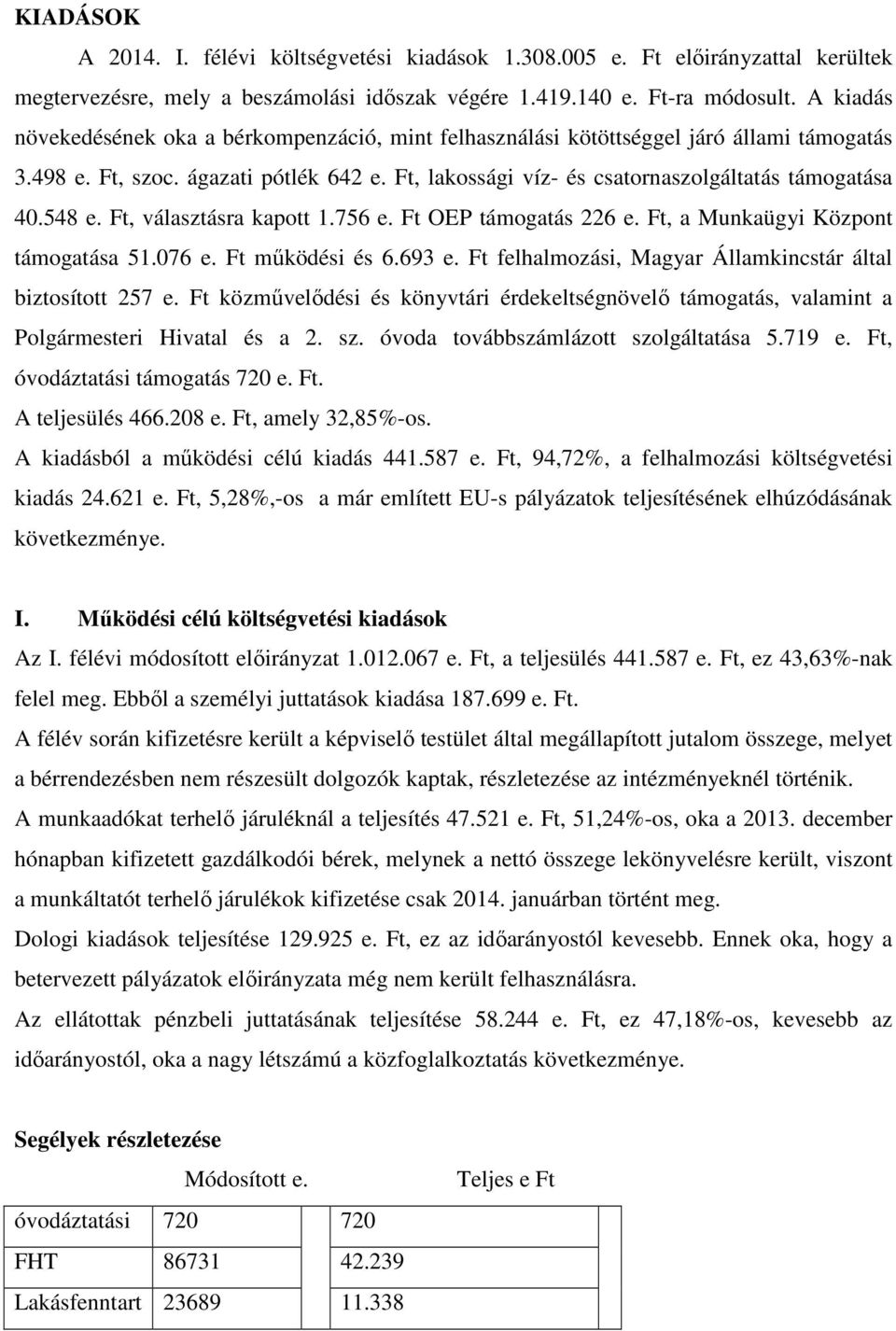 548 e. Ft, választásra kapott 1.756 e. Ft OEP támogatás 226 e. Ft, a Munkaügyi Központ támogatása 51.076 e. Ft működési és 6.693 e. Ft felhalmozási, Magyar Államkincstár által biztosított 257 e.