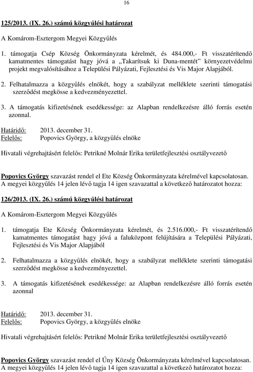 Felhatalmazza a közgyűlés elnökét, hogy a szabályzat melléklete szerinti támogatási szerződést megkösse a kedvezményezettel. 3.