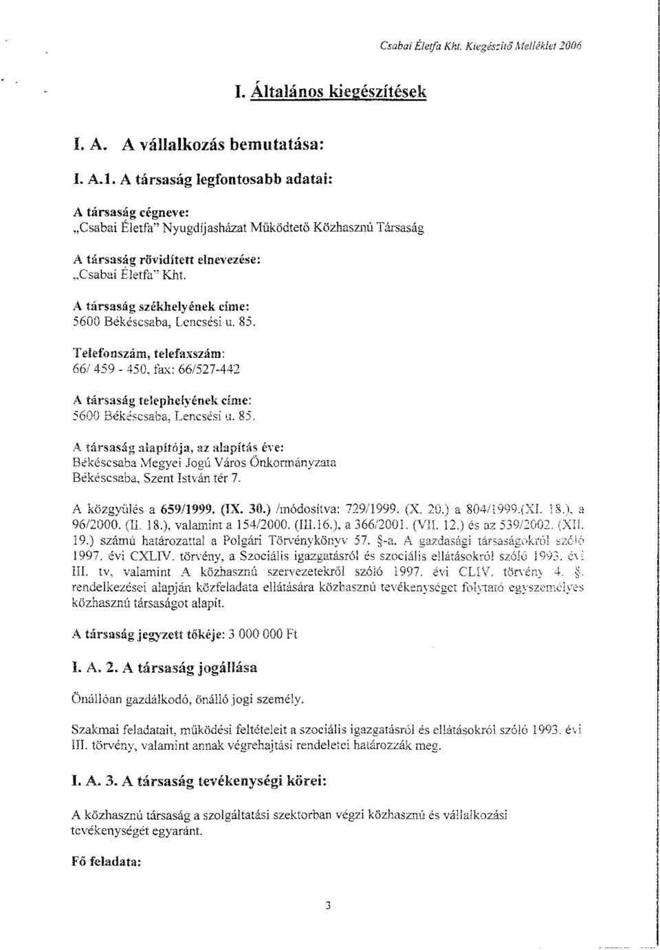 A társaság székhelyének címe: 5600 Békéscsaba, Lencsési u. 85. Telefonszám, telefaxszám. 66/459-450, fax: 66/527-442 A társaság telephelyének címe: 5600 Békéscsaba, Lencsési u. 85. A társaság alapítója, az alapítás éve: Békéscsaba Megyei Jogú Város Önkormányzata Békéscsaba, Szent stván tér 7.