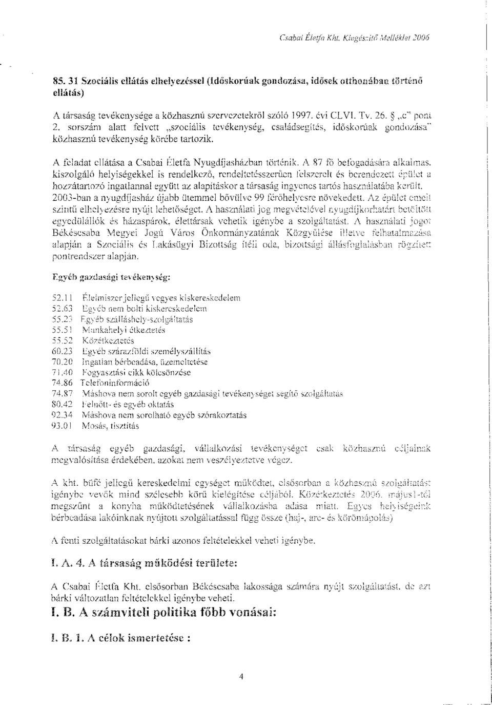 sorszárn alatt felvett "szociális tevékenység, családsegítés, időskorúak gondozása" közhasznú tevékenység körébe tartozik. A feladat ellátása a Csabai Életfa Nyugdíjasházban történik.