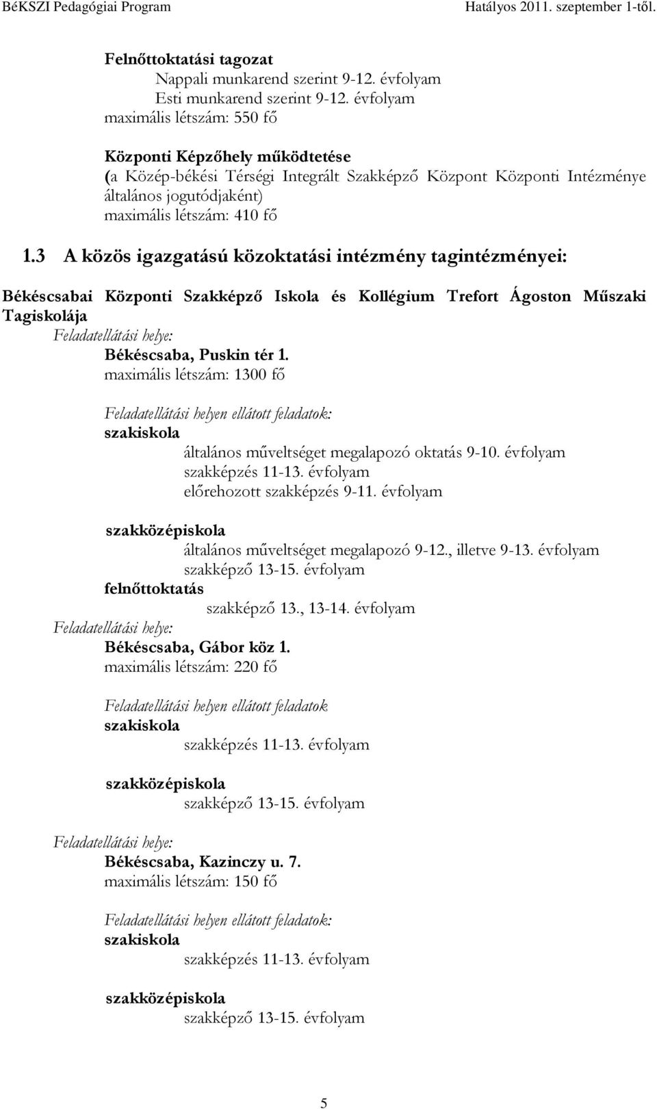 3 A közös igazgatású közoktatási intézmény tagintézményei: Békéscsabai Központi Szakképző Iskola és Kollégium Trefort Ágoston Műszaki Tagiskolája Feladatellátási helye: Békéscsaba, Puskin tér 1.