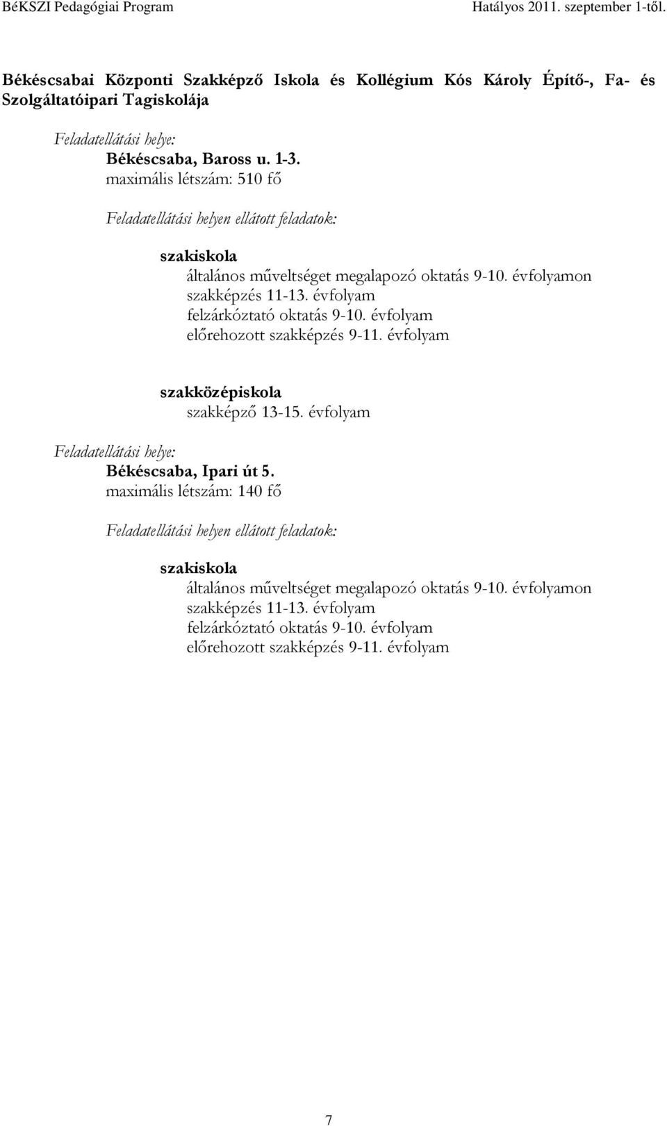 évfolyam felzárkóztató oktatás 9-1. évfolyam előrehozott szakképzés 9-11. évfolyam szakközépiskola szakképző 13-15. évfolyam Feladatellátási helye: Békéscsaba, Ipari út 5.