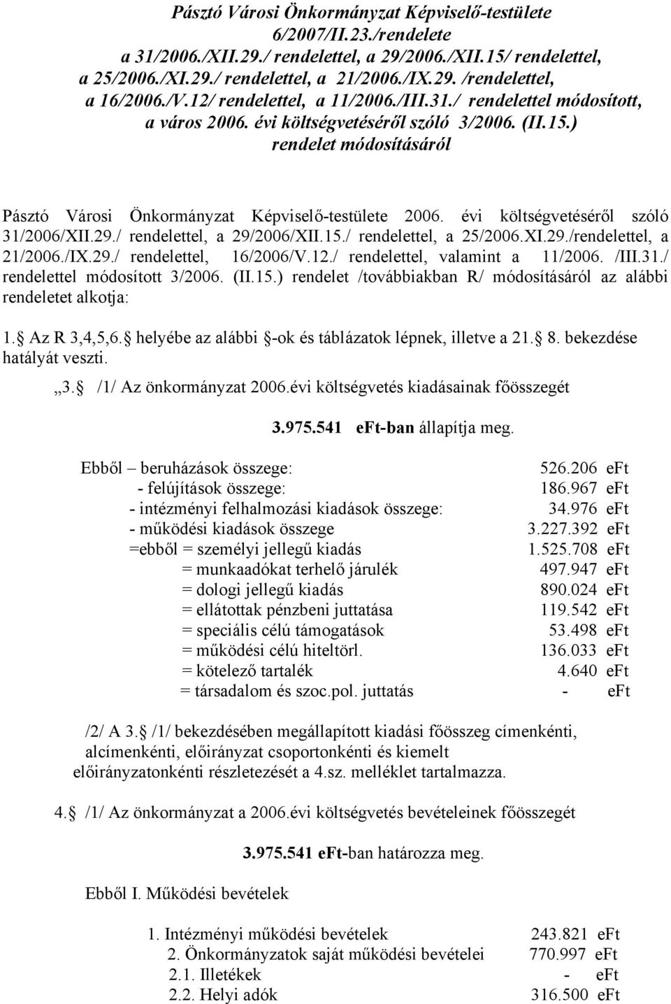 évi költségvetéséről szóló 31/2006/XII.29./ rendelettel, a 29/2006/XII.15./ rendelettel, a 25/2006.XI.29./rendelettel, a 21/2006./IX.29./ rendelettel, 16/2006/V.12./ rendelettel, valamint a 11/2006.