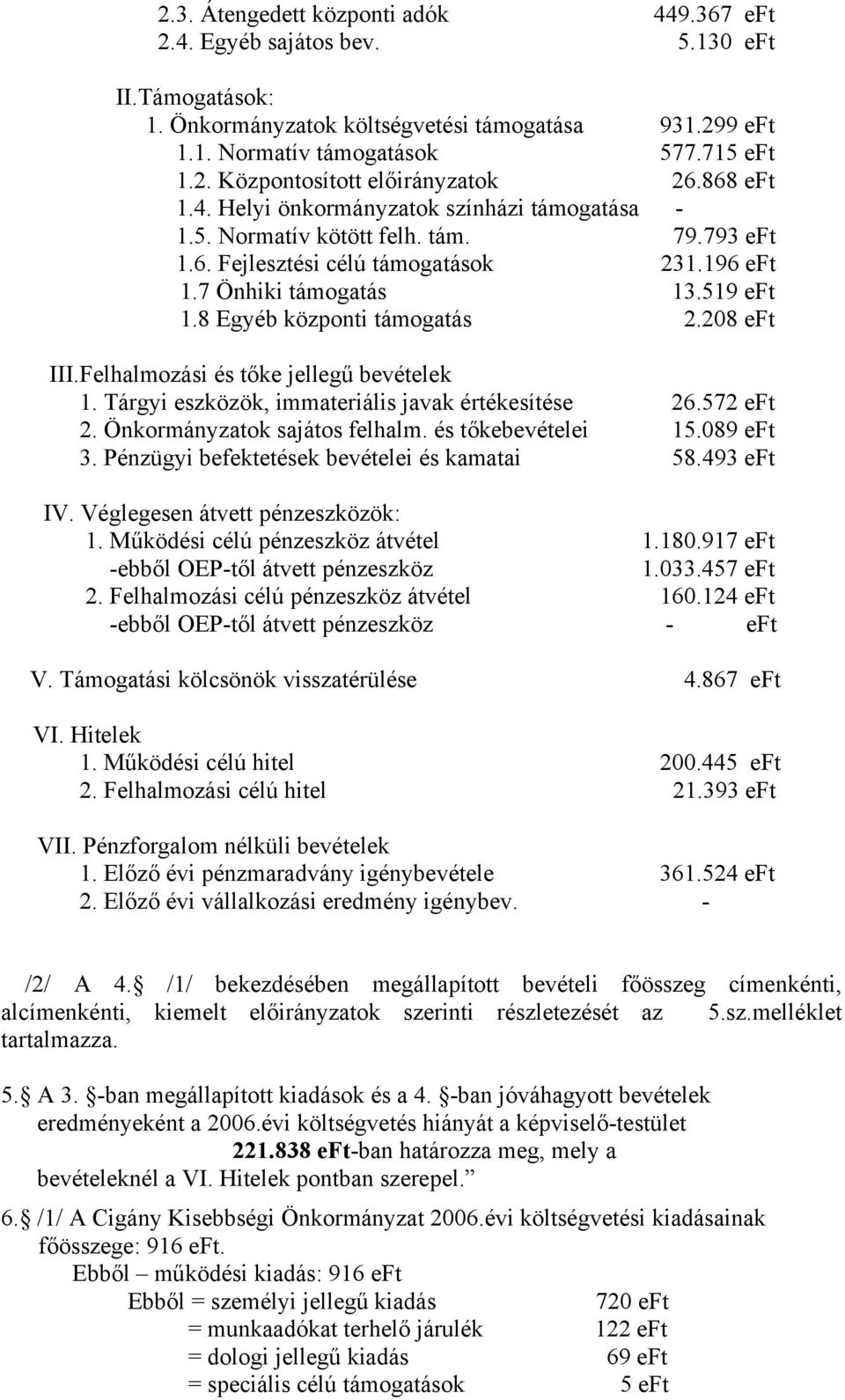 8 Egyéb központi támogatás 2.208 eft III.Felhalmozási és tőke jellegű bevételek 1. Tárgyi eszközök, immateriális javak értékesítése 26.572 eft 2. Önkormányzatok sajátos felhalm. és tőkebevételei 15.